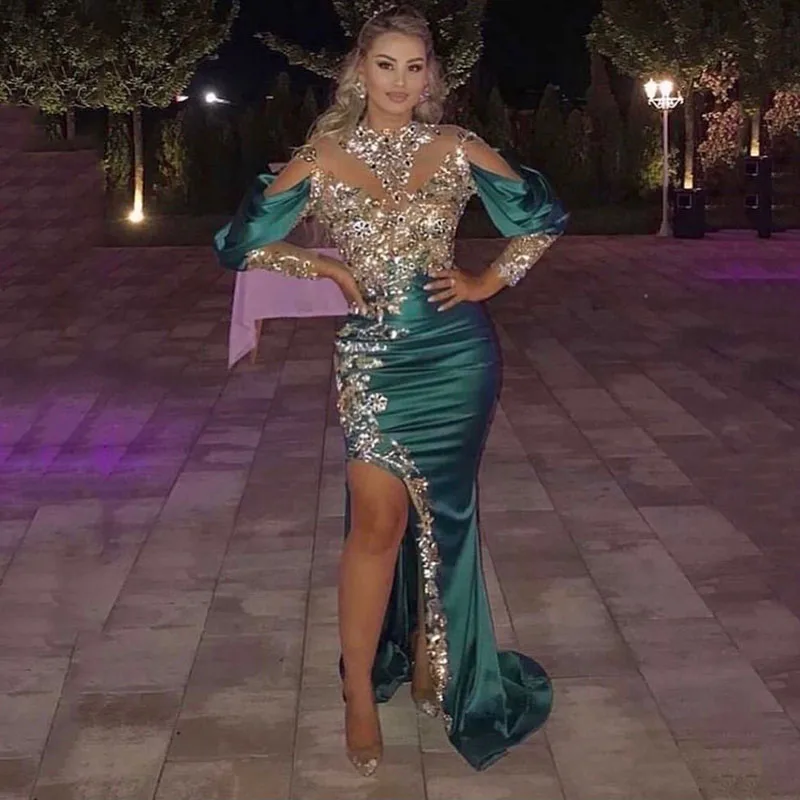 

Sparkly Sequins Green Mermaid Prom Dress Sexy Slit Long Sleeves Appliques Lace Saudi Arabia Formal Evening Party Gowns