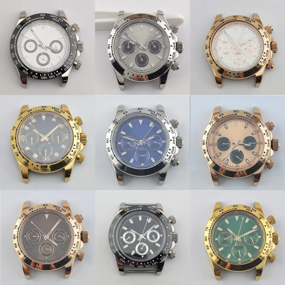 クロノグラフ　ケース　39㎜ メンズクォーツ時計ケース、クロノグラフグロー、ステンレス