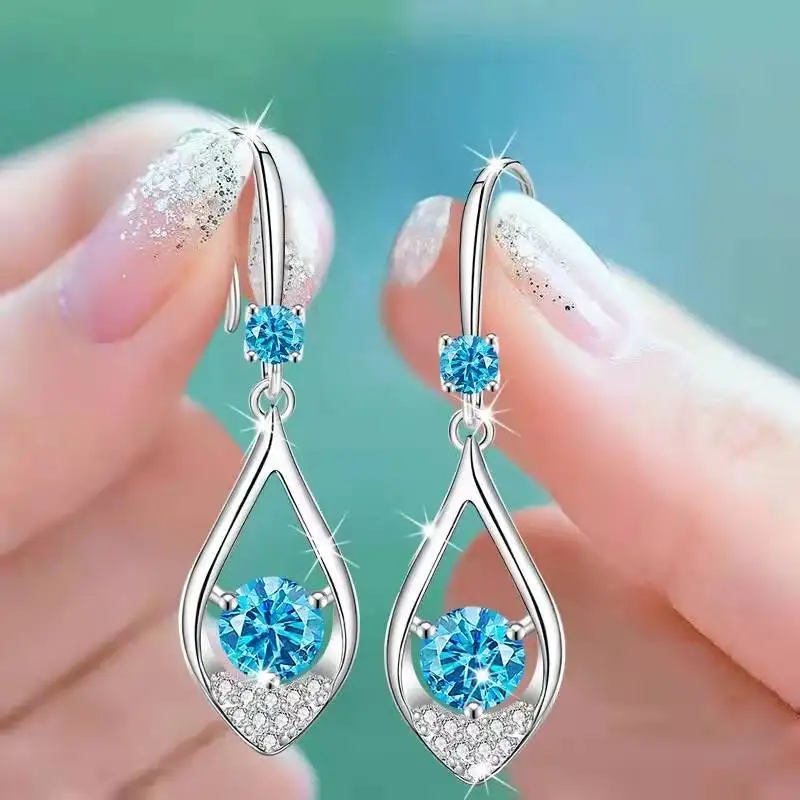 Luxury Hanging Try Long Oval Crystal Sapphire Earrings for Women Bridal Engagement Wedding Earring Jewelry Pendientes Mujer