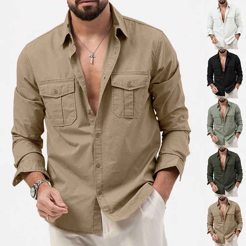 2024 summer Europe and the United States vintage cargo men's advanced multi-pocket solid color leisure sports long-sleeved shirt