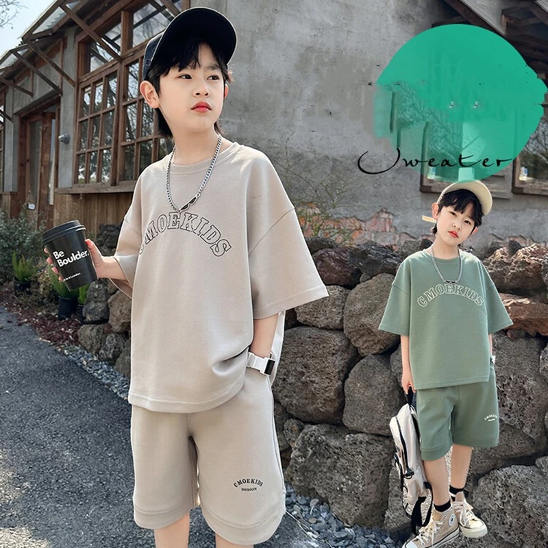 

Boy Clothes Kids Summer New Fashion Sportswear Round Neck Letter Print Pullover + Elastic Waist Shorts 2pcs Casual Outfit 4-14 Y