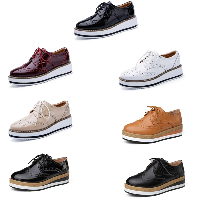 Spring Autumn Women Derby Platform Gold Flats Brogue Leather Lace up Classic Bullock Footwear Female Oxford Shoes Lady