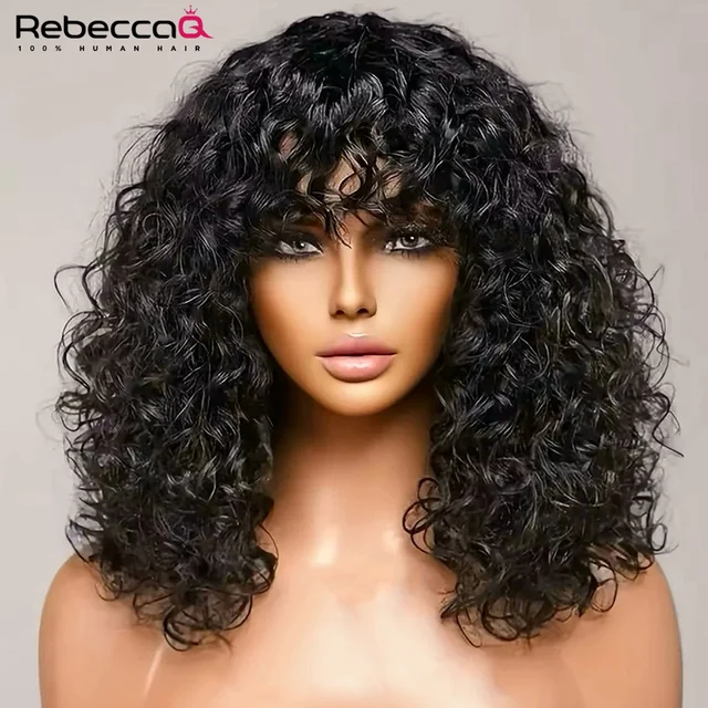 Perruque courte bouclée avec frange, 100% cheveux humains, pour femmes, cheveux brésiliens Remy 4C, Jerry Curl, sans colle, usage quotidien, couleur naturelle 1