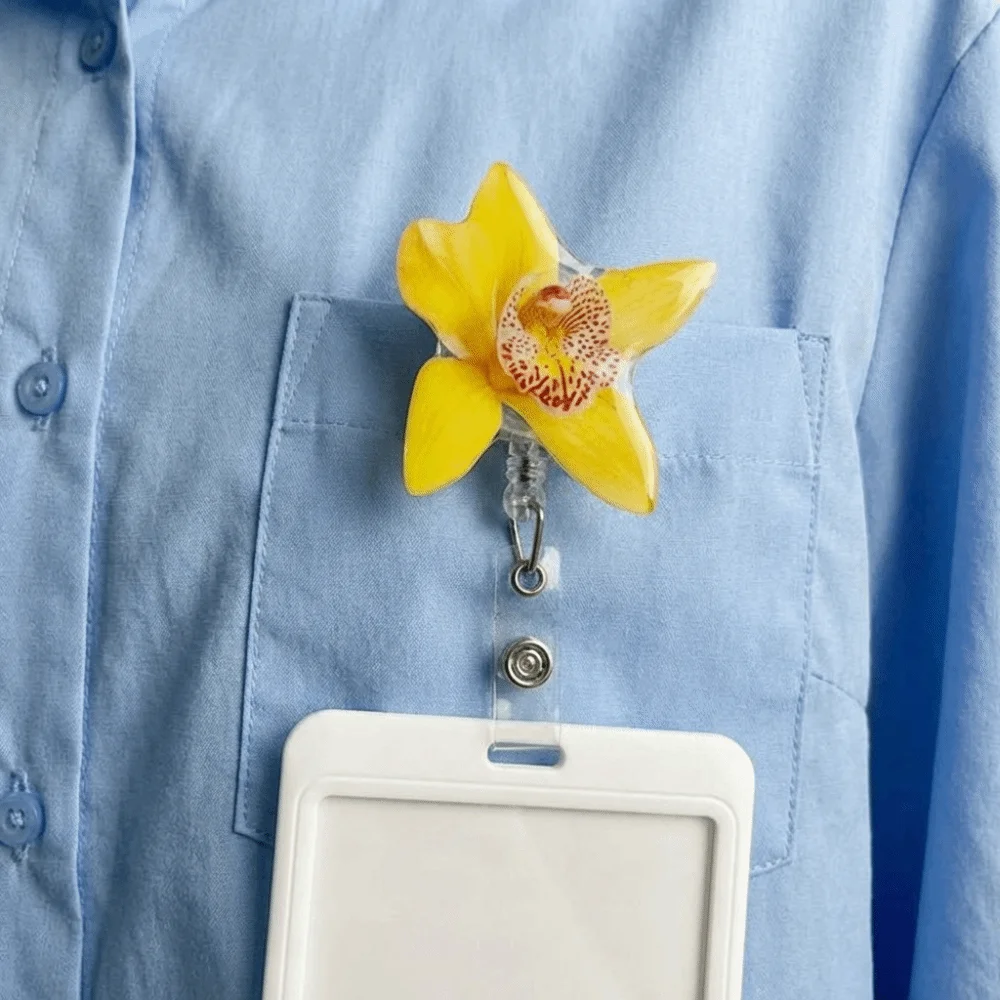 아크릴 수지 홀더 클립 난초 꽃 모양 내구성 있는 접이식 배지 홀더 접이식 디자인 ID 배지 릴 작업증