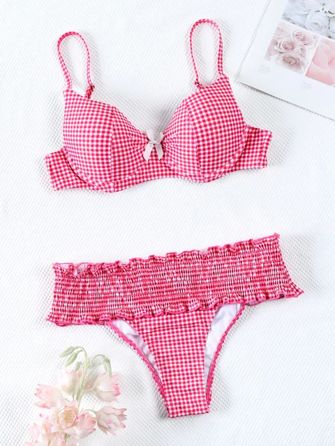 Miyouj 2024 Biquin Bow Bikinis Pleated Swimsuit Women Plaid Print Bikini Set Sexy Swimwear Push Up Beachwear Low Waist Bath Suit 2