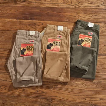 Cotton woven American casual pants men's overalls Japanese retro May Khaki SLIM slim straight leg pants