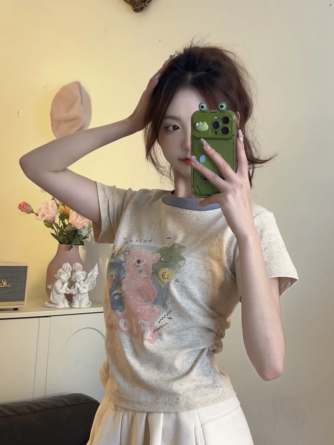 

Vintage Color Matching Cartoon Printing Women T-shirt Sweet Girl Round Neck Summer Slim Shirt Fashion Niche Style Clothes