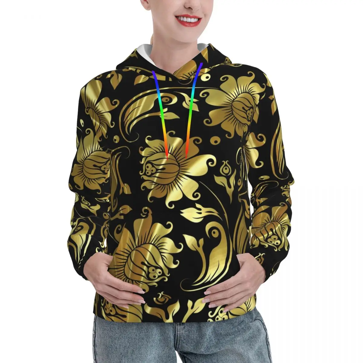 

Gold Baroque Print Hoodies Winter Black Shiny Damasks Casual Hooded Sweatshirts Womens Hip Hop Design Oversize Pullover Hoodie