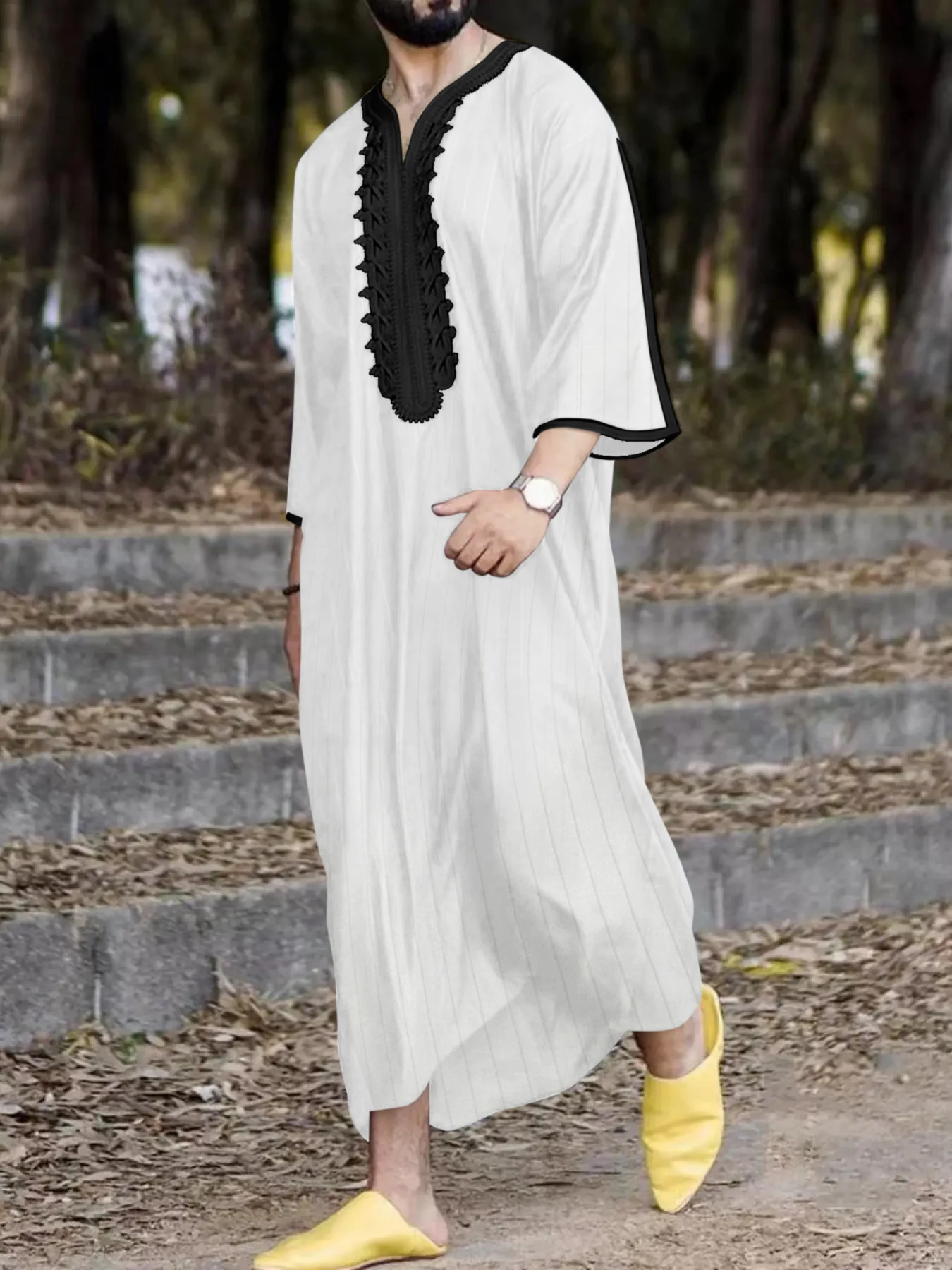 Caftano Uomo Thobe Djellaba – Abito Musulmano Con Ricami, Leggero In Cotone E Spandex