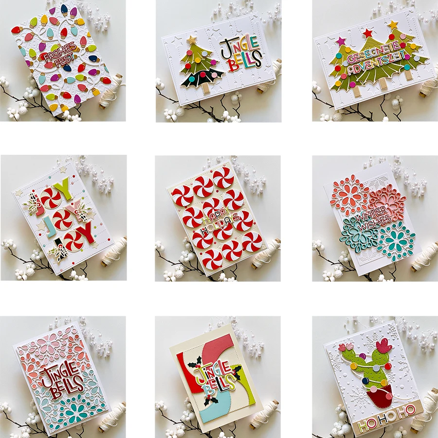 2025 Merry Christmas Tree Letter Jingle Bell Lamp Cactus Background Metal Cutting Dies for Joy Scrapbook Card Making