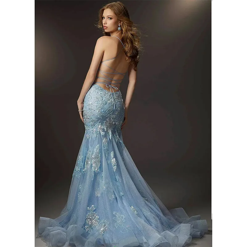 Vestido de noite de sereia azul claro sem mangas feminino, Elegante, Custom Made, Sem costas, Festa, Formal, Sexy, Sereia, Dubai