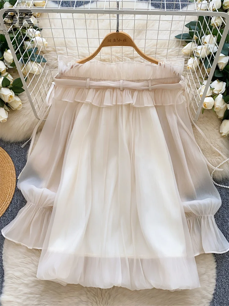 SINGREINY Off Shoulder Sweet Chiffon Dress 2025 Long Sleeve Elastic French  Style Solid Women Vacation Ruffles Loose Dresses - AliExpress 200000345