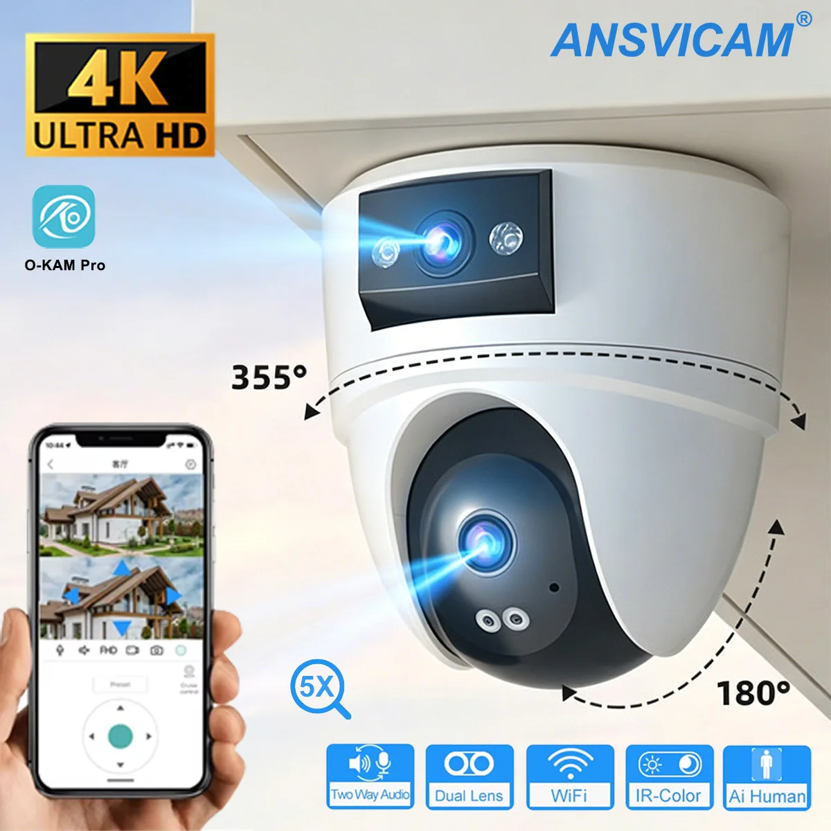 8MP 4K PTZ Security Camera with AI Human Detection - Dual-Lens Dual-Screen Outdoor WiFi IP Cam for Wireless CCTV Surveillance 1