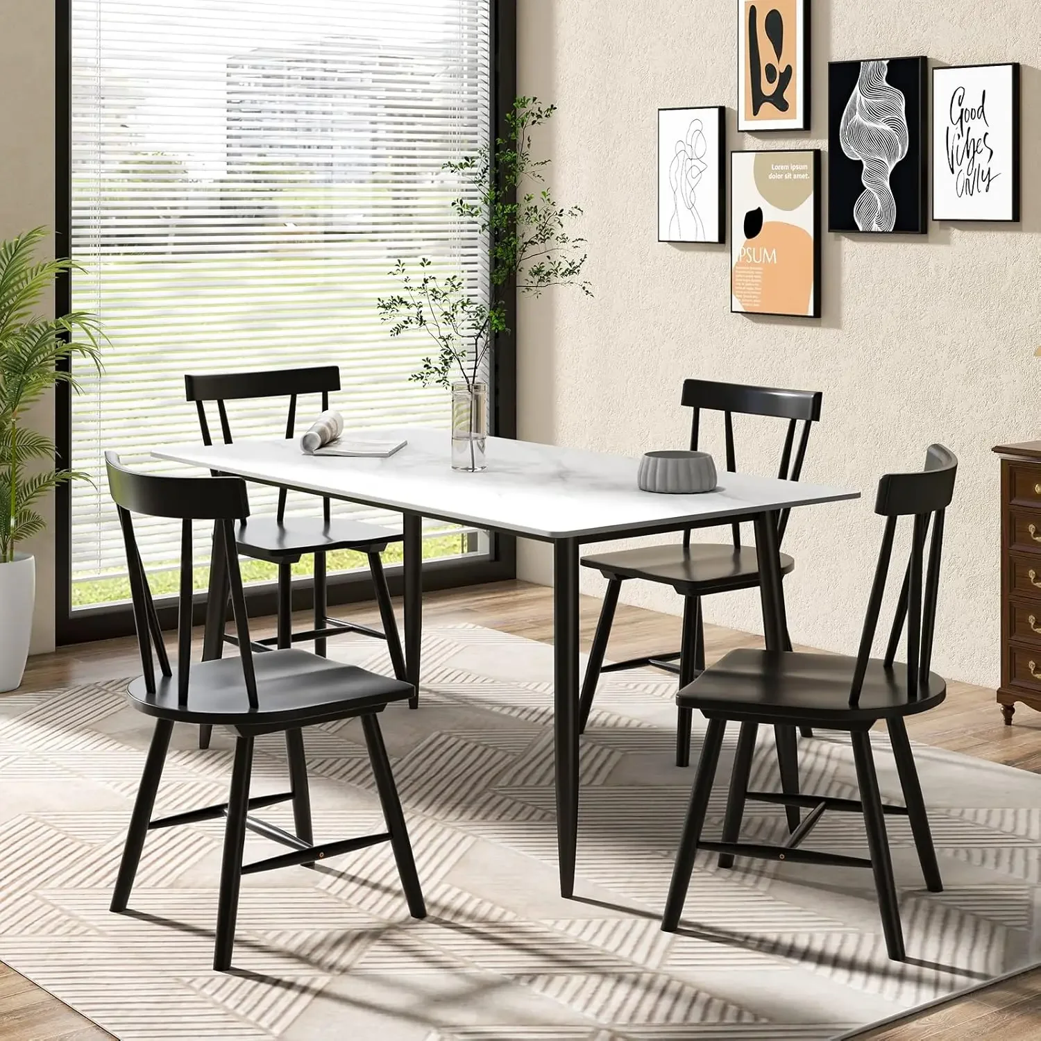 Set of 4 Windsor Chairs, Rubber Wood Dining Chairs with Spindle Back, Wide Seats, Anti-Slip Foot Pads, Max Load 330 Lbs, Armless 2