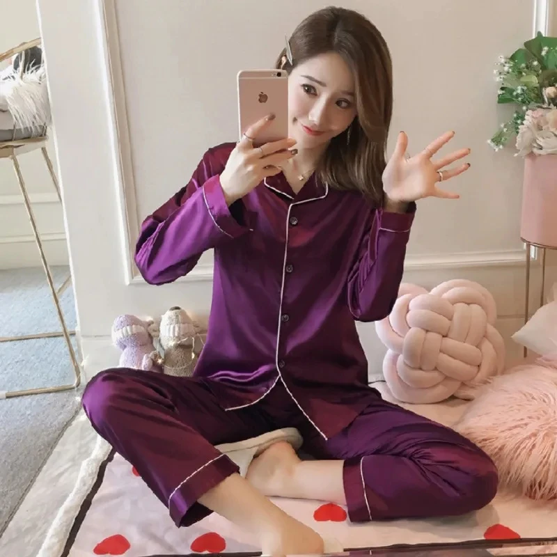 Women's Pajamas Set Sexy Ice Silk Satin Sleepwear Long Sleeve Pijama Female Home Suit Soft Loungewear Sleepsuit Winter Nightwear images - 6