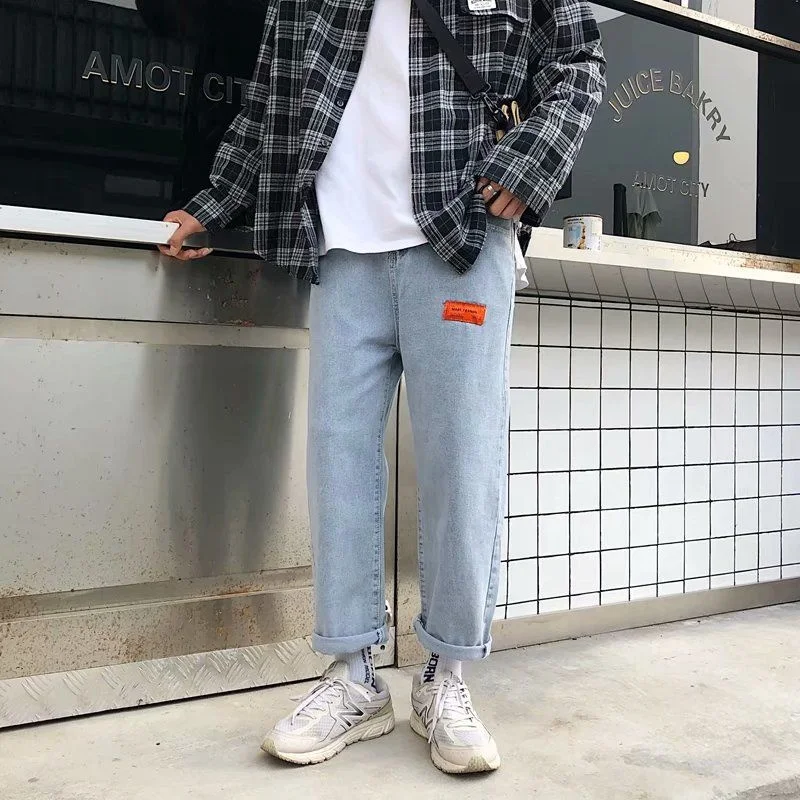 

Pants Men Korean Version Of The Fashion Straight Nine Points Jeans Loose Comfortable All-match Handsome Wide Leg 9 Points Pants