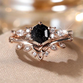 Luxury Crystal Hexagon Stone Engagement Promise Rings Sets For Women Rose Gold Color White Zircon Flower Wedding Jewelry Gifts