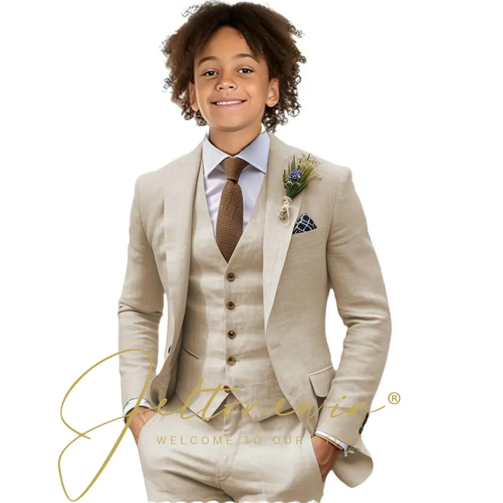 Completo Da Uomo 3 Pezzi In Lino Beige E Blu, Slim Fit Con Blazer, Gilet E Pantalone, Elegante Per Matrimoni Ed Eventi Estivi