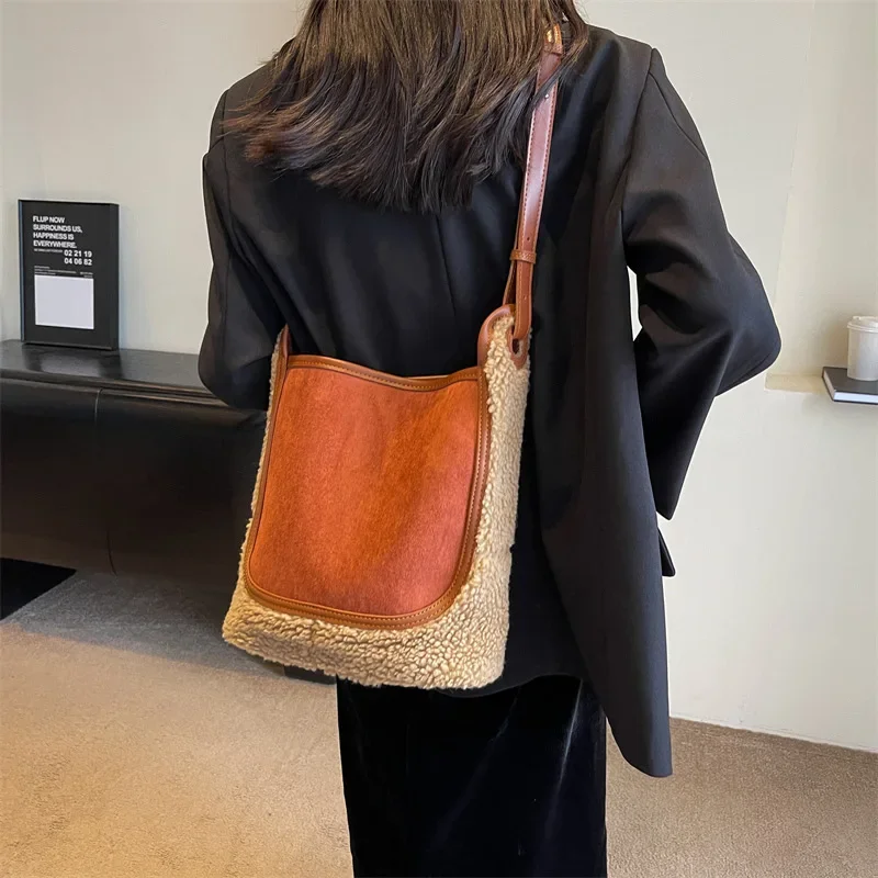 2023 New Trend Winter 2 Pcs/set Fashion Women's Simple Big Leather Lambhair Shoulder Bag Ladies Large Capacity Handbags Purse
