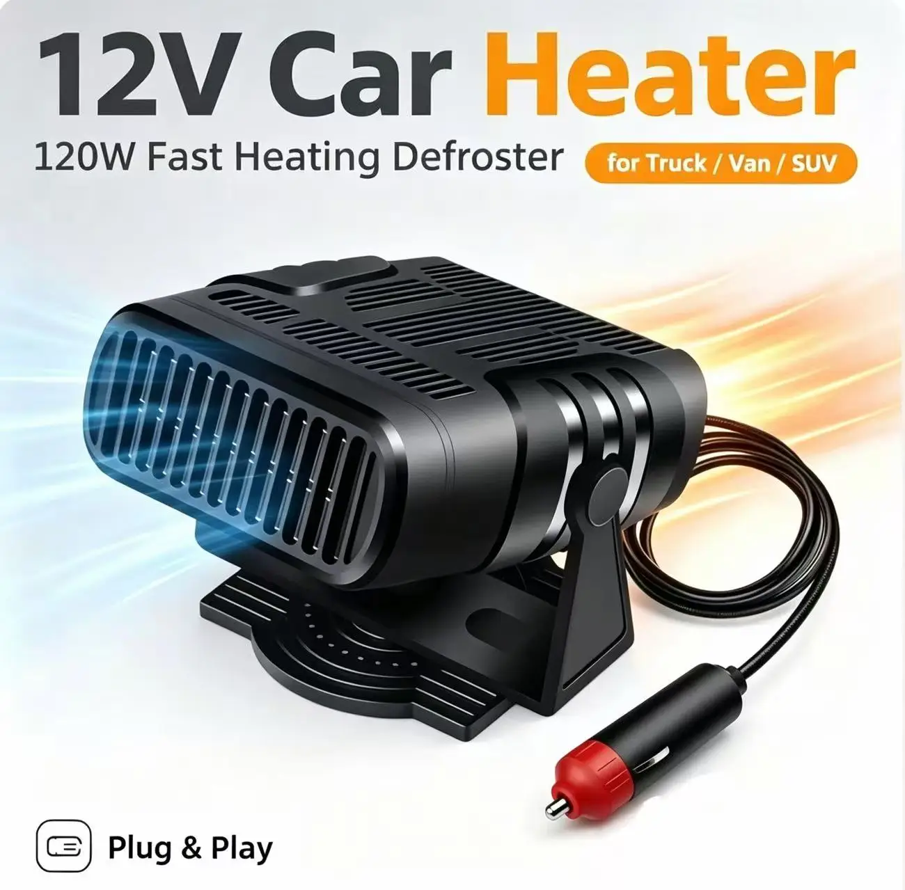 Chauffage de voiture 12V 120W, chauffage rapide et efficace, ventilateur de dégivrage et de désembuage automatique du pare-brise 360° °   Base réglable pour camionnette, fourgonnette et SUV 1