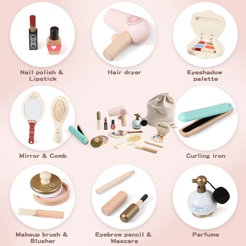Girls Wooden Makeup Set Game Cosmetic Case Gift Toys