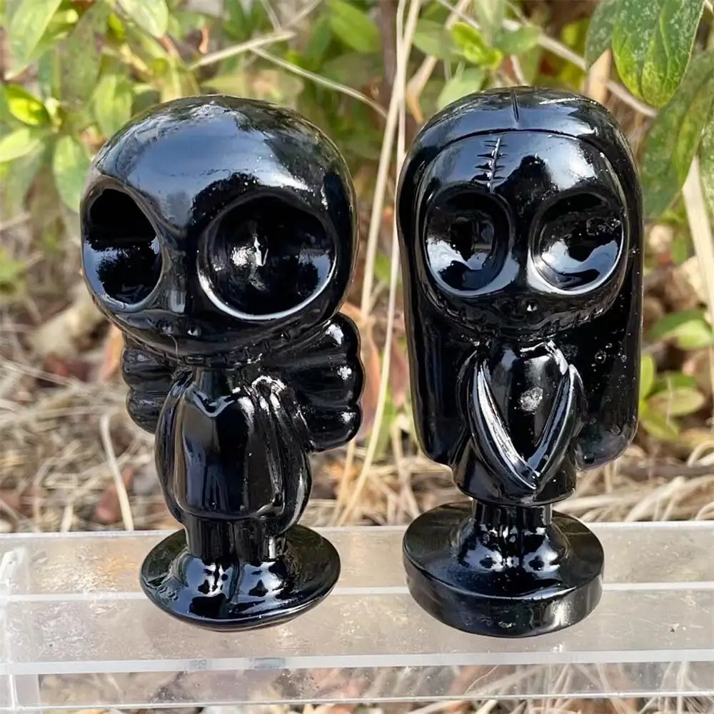 

10CM Natural Black Obsidian Halloween gift Cartoon Carving Landscaping Healing Christmas Home Decoration 1pcs