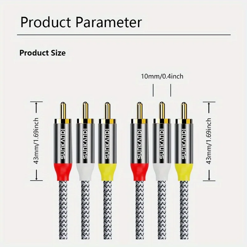 Premium SUNKANDI 24K Gold Plated RCA Audio Video Cable with 3RCA Male Connectors