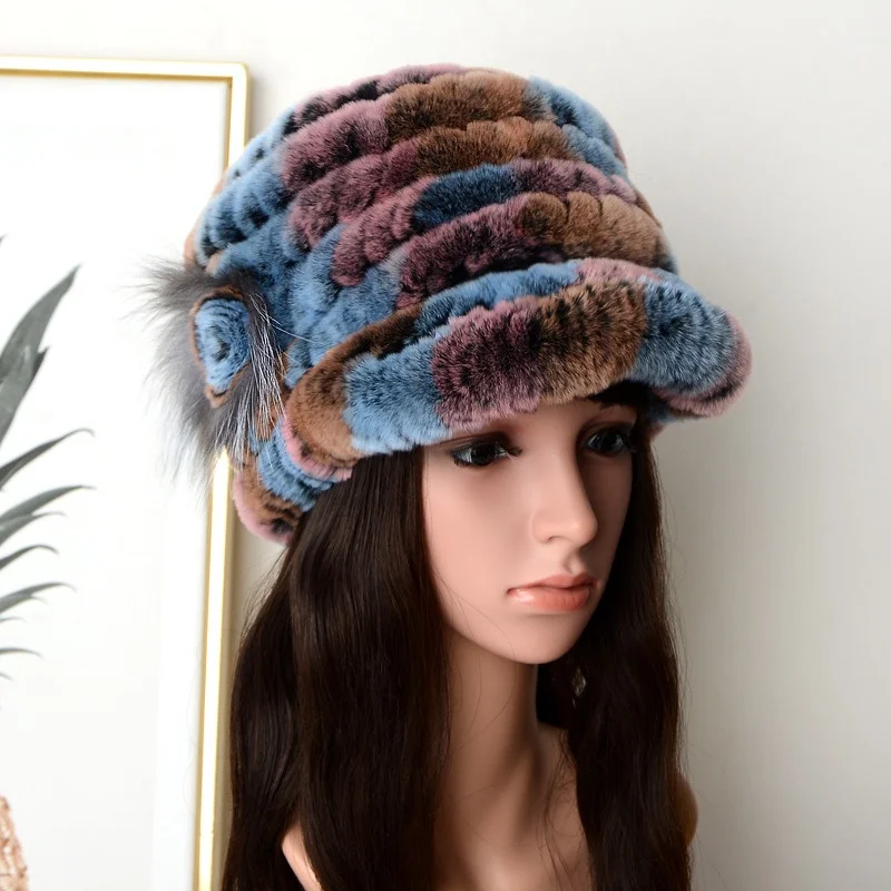

Realistic Rex Rabbit Hat Youth Women`s Fiower Hat Winter Fur New Short brim Korean version Thickened Warm Rabbit Hair Duck Tongu