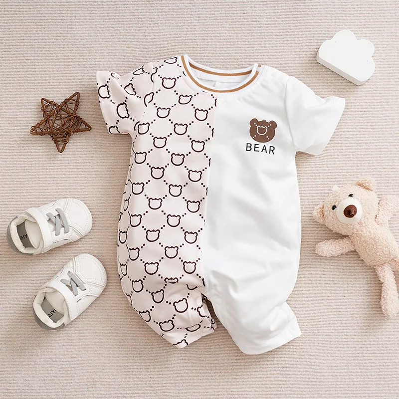 Baby Rompers Cotton Jumpsuit Baby Jumpsuit Newborn Clothes Cute Cartoon Patchwork Teddy Bear Comfortable And Soft Summer Boys And Girls 0-18 Short Sleeved Baby Jumpsuit