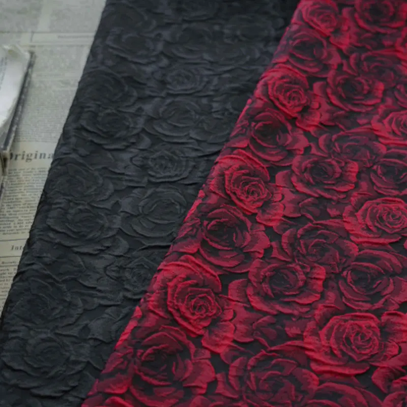 1/2/5m Embossed Dark Red 3D Rose Jacquard Yarn Dyed Fabric for Women's Dress Suit Bag Tablecloth DIY Sewing Vintage Floral Cloth