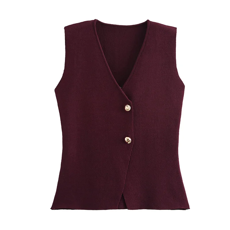 Fashion Single Breasted Knitted Vest Top Women Wine Red V-Neck Sleeveless Sweater Tank Female Autumn Chic Lady Knitwear New