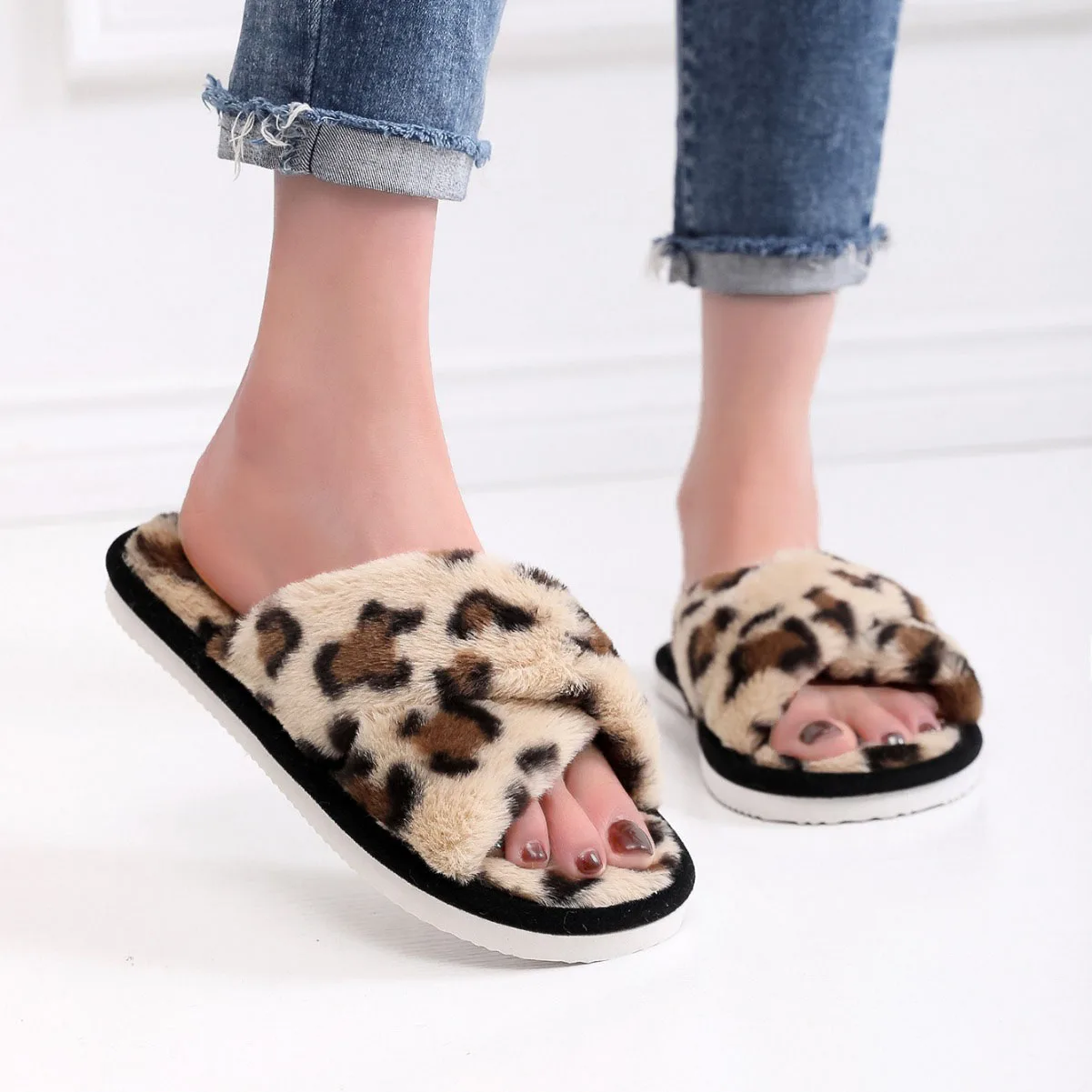 Hot Sale Cross Straps Double Straps Plush Slippers Sexy Leopard Soft Sole Floor Shoes Home Non-slip Warm Lightweight Flip Flops 6