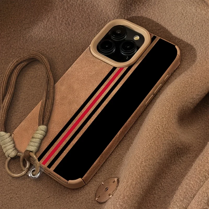 Luxury Black and Red Stripe Leather Wrist Strap Phone Case with Lanyard Feature