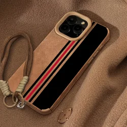 Luxury Black and Red Stripe Leather Wrist Strap Phone Case with Lanyard Feature - iPhone 15 Plus (SC16 - ZO - T6554 - PJ22)