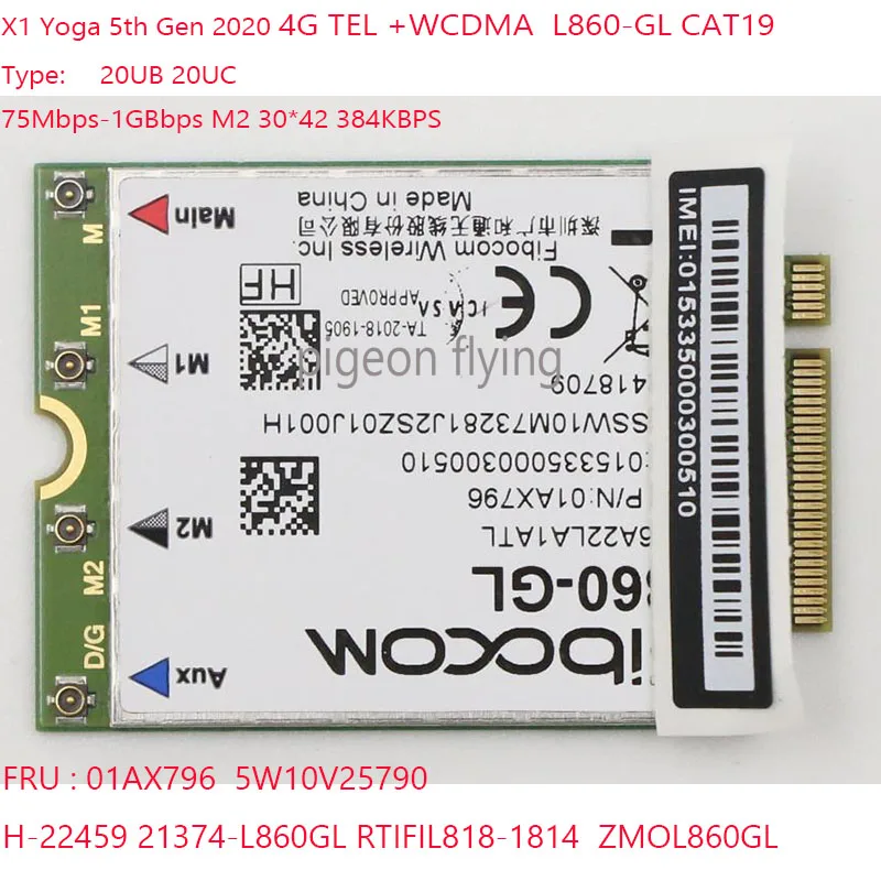 

L860-GL CAT19 01AX796 5W10V25790 For X1 Yoga 5th Gen Laptop 4G TEL WCDMA 20UB 20UC H-22459 21374-L860GL RTIFIL818-1814 ZMOL860G