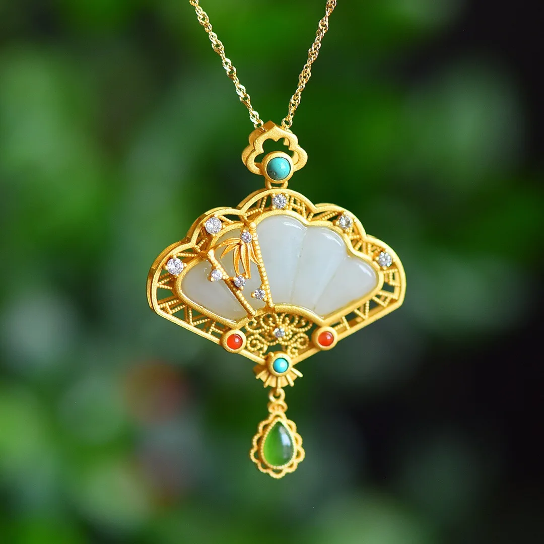 Hetian Jade White Jade Fan Pendant S925 Silver Plated Vintage Hollow