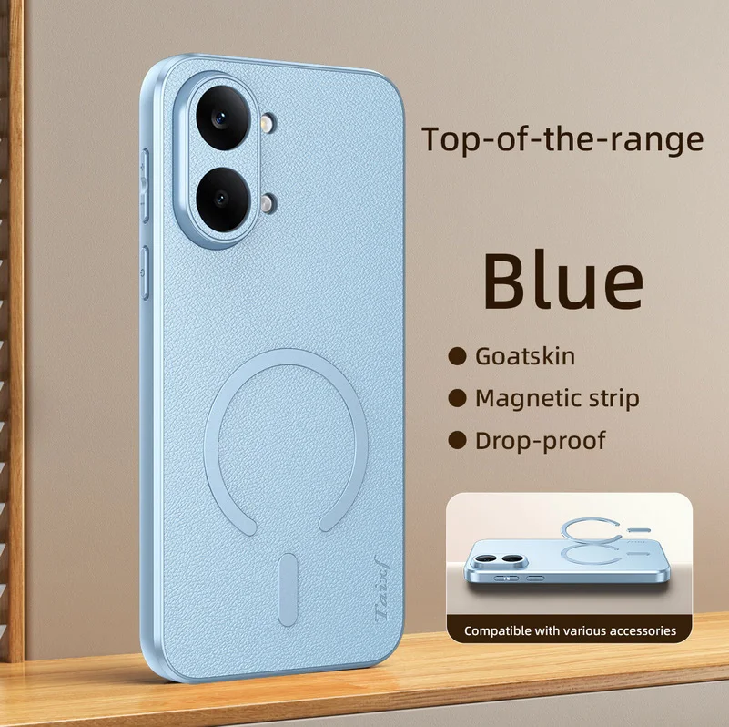 Luxury Goat Skin Leather Magnetic Ring Phone Case - Elegant Back Cover