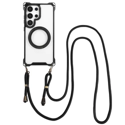 Shockproof Magnetic Stand Holder Clear Crossbody Case with Lanyard Rope and Bracket Cover - Galaxy S23 Ultra (Black)