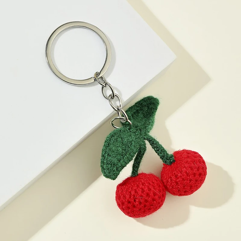 

Sweet Cute Knitted Cherry Keychain Cartoon Fruit Key Chain Handmade Knitted Flower Key Ring Accessories Pendant Accessories