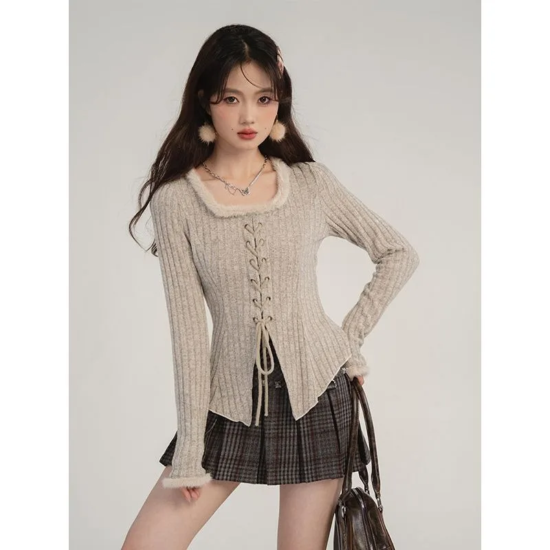 

Sweet Square Neck Lace Up Knitwear Women Fashion Korean Plush Splice Soft Stripe Spicy Girl Solid Elastic Slim Winter Chic Wear