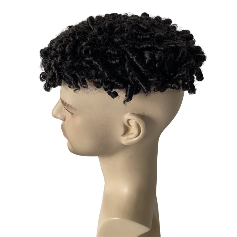 Mongolian Virgin Human Hair Hairpieces #1b Black 15mm Curl Full Lace Toupee 8x10 Male Unit for Black Men
