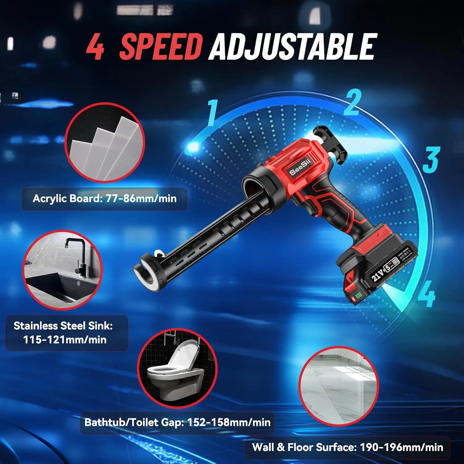 Cordless Caulking Gun[2024 Upgraded], 21V Battery Powered Caulk Gun w/2 x 2.0AH Batteries, Electric Caulking Gun w/LED Li 5