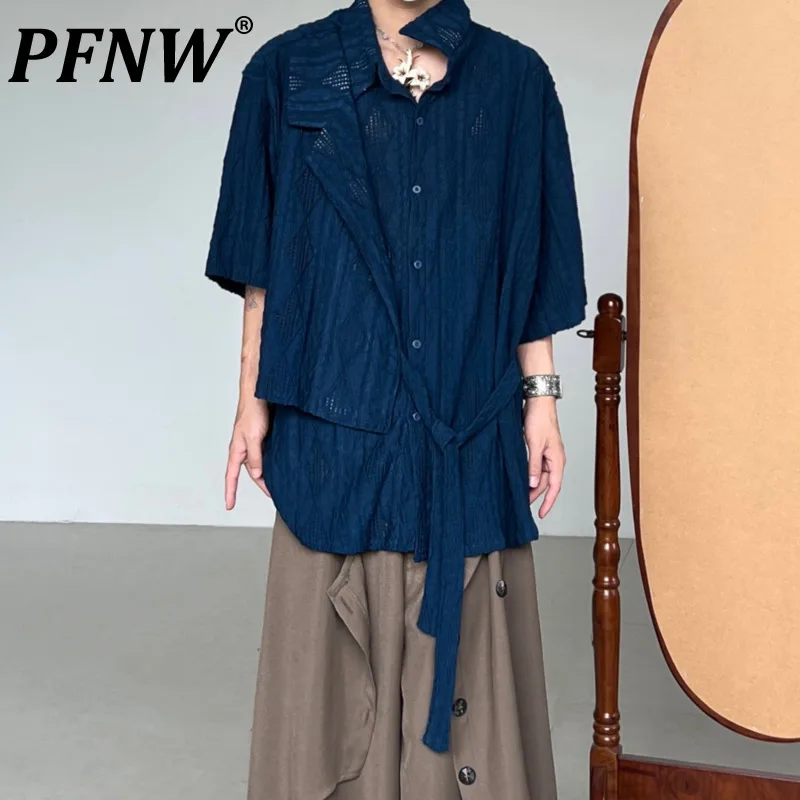 

PFNW Japanese Vintage Jacquard Hollowed Out Patchwork Shirt Men's Design Sense Summer Tide Elegant Short Sleeve Tops 12Z2184