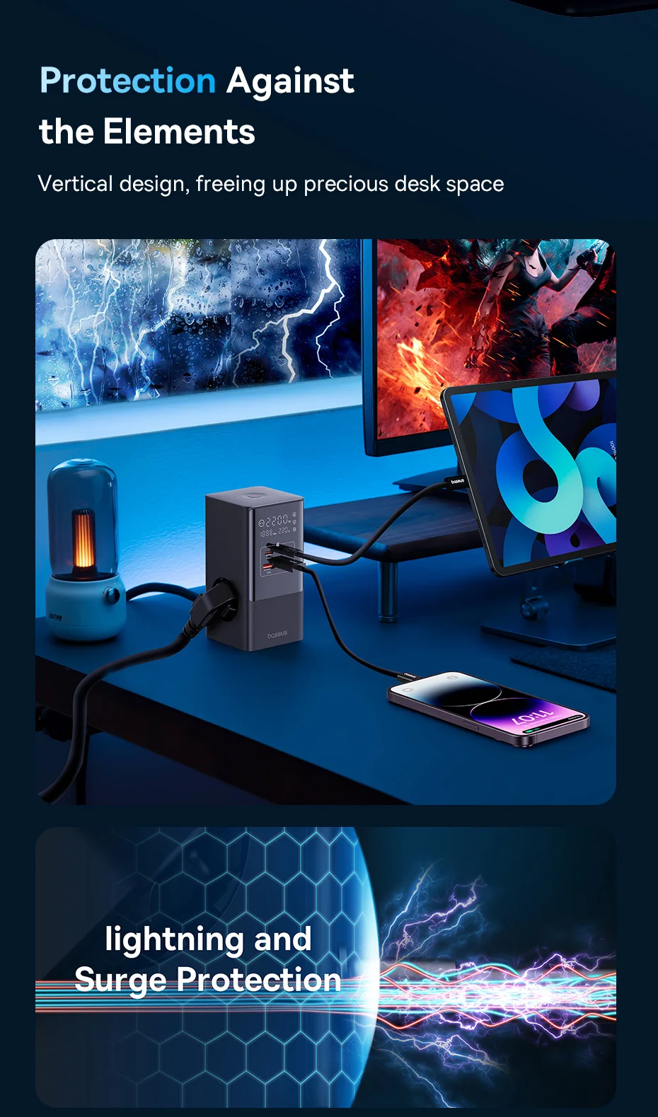 شاحن سريع Baseus 35 واط شريط طاقة 7 في 1 مع واقي تدفق 1200J لهاتف iPhone شاو شاو