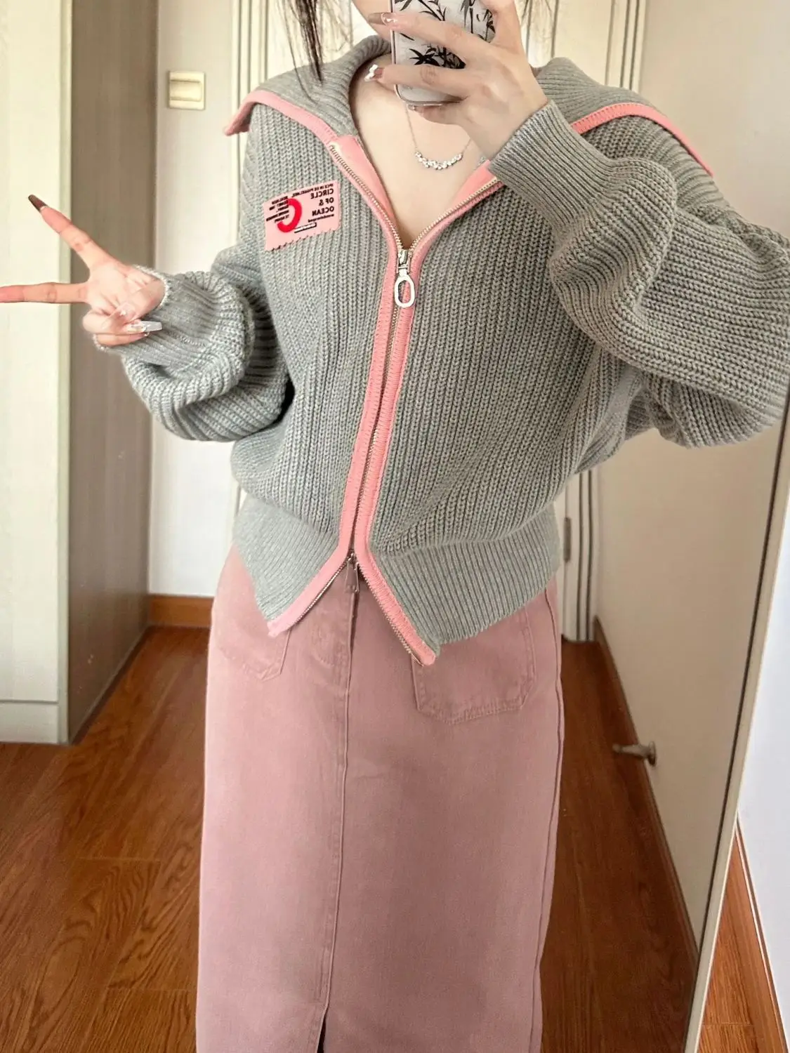 

Женский трикотажный кардиган в стиле ретро, свободный свитер в Корейском стиле с завышенной талией и джинсовой юбкой, осень