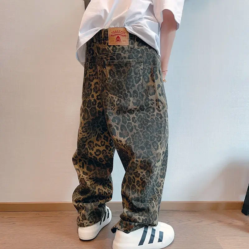 American Baggy Pants Men Y2k Clothes Retro High Street Sports Pants Leopard Print Casual Pants Plus Size Autumn New Style 2024