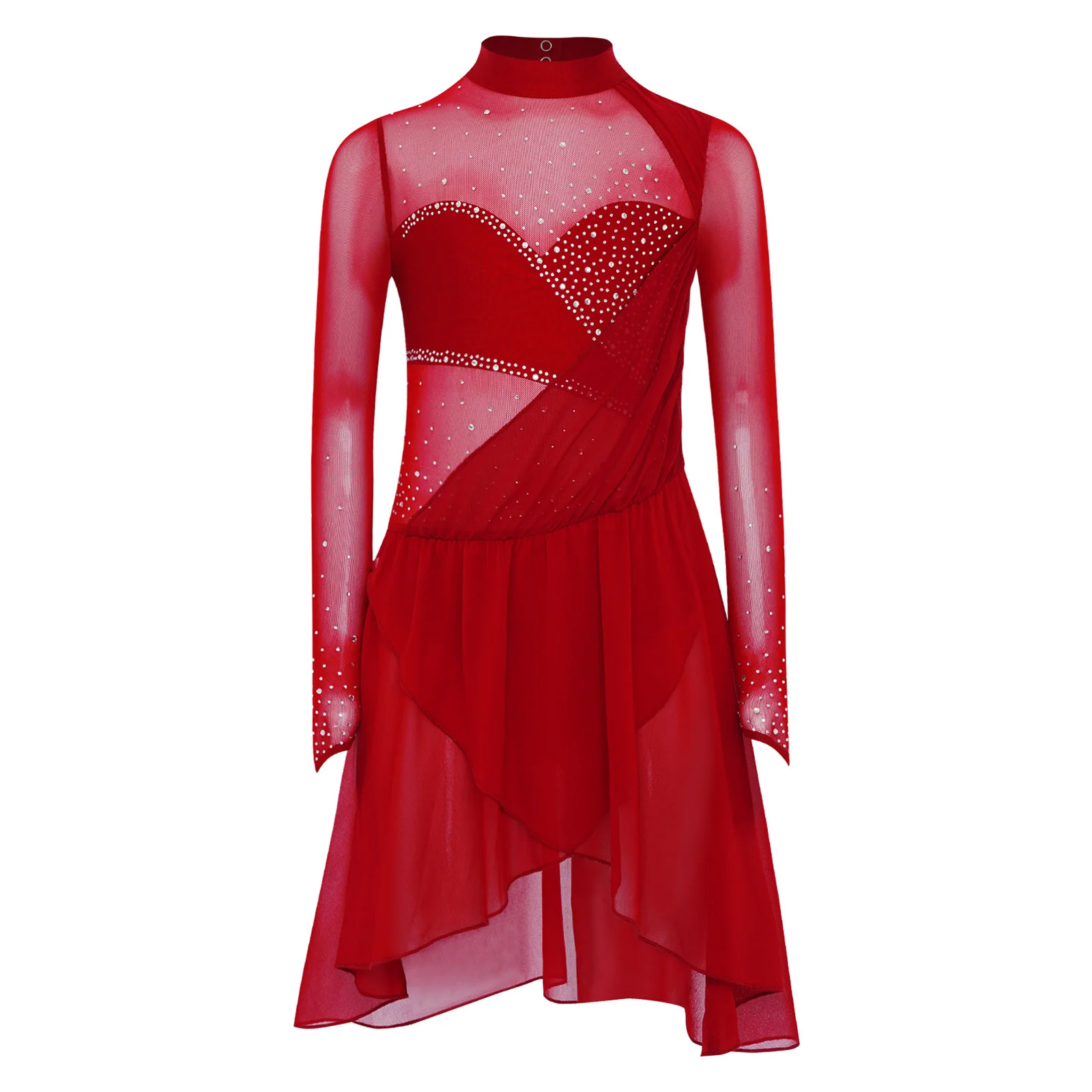 Kinder Mädchen Langarm Strass Sheer Mesh Eiskunstlauf Trikot Kleid Moderne Lyrical Dance Gymnastik Ballett Kostüm – Detail 20