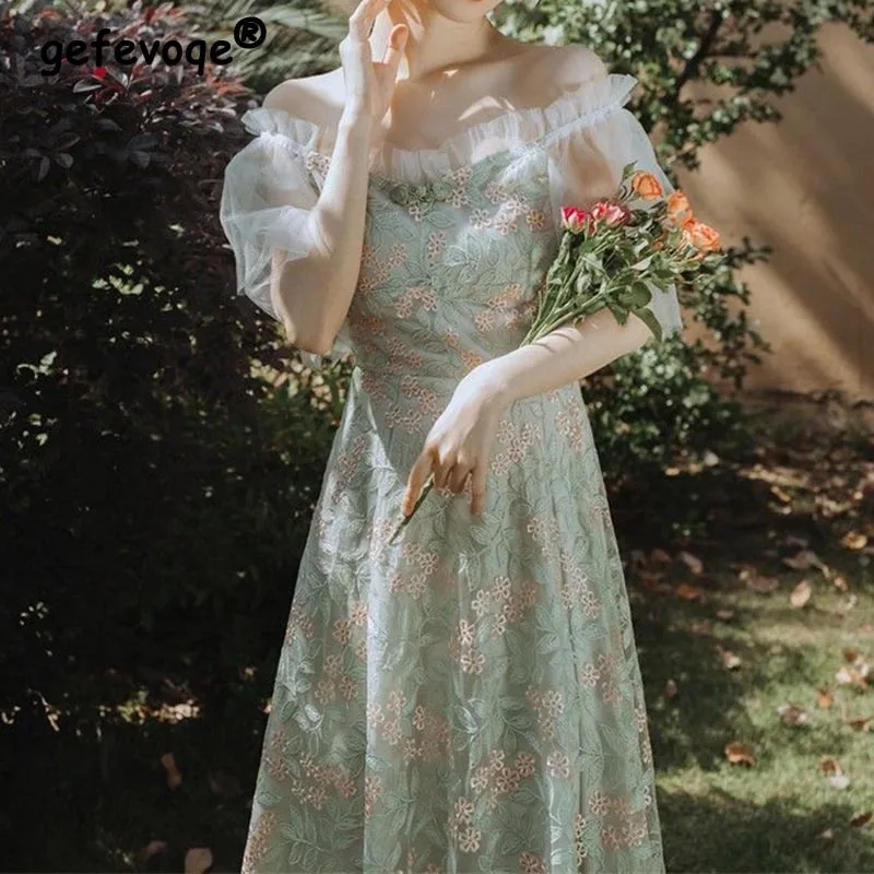

Summer Women Elegant Vintage Floral Fairy Princess Dresses Casual Slim Embroidery Lace Korean Sweet Party Midi Dress Female 2022