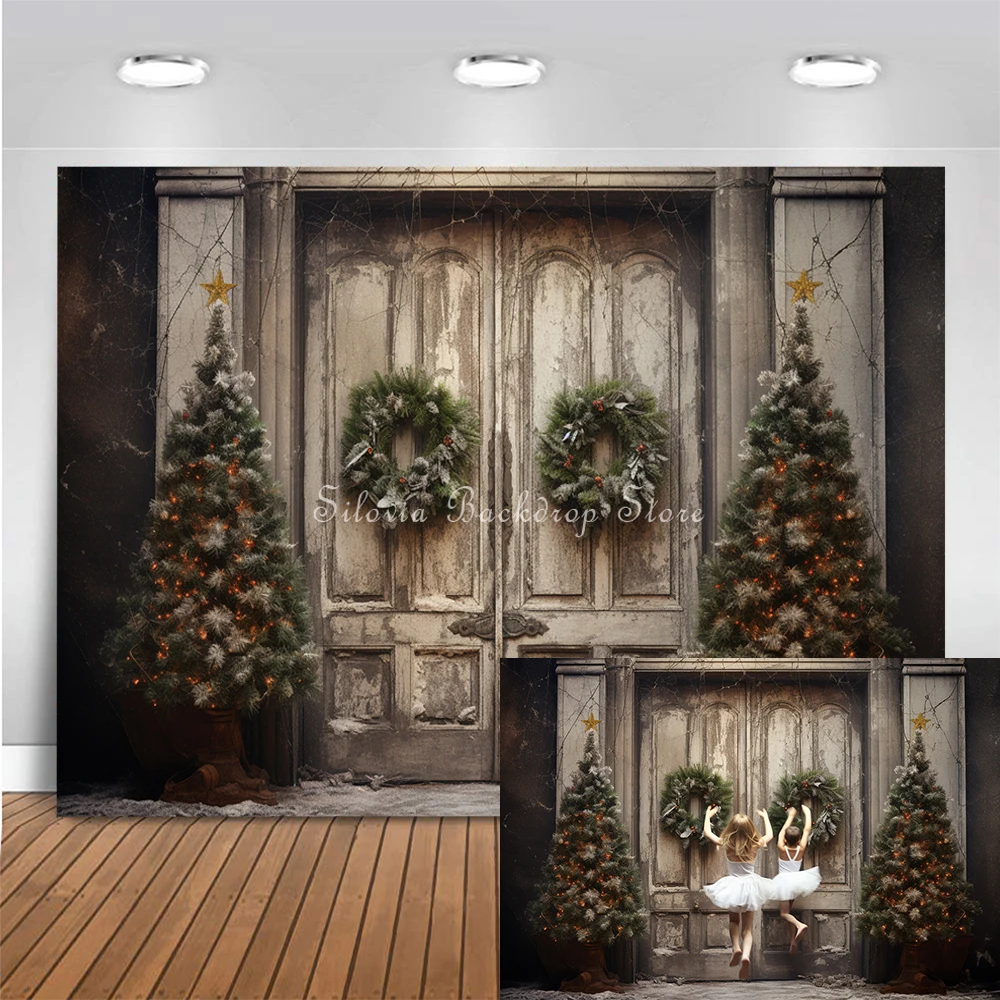 

Christmas Wood Door Photography Backdrops Snow Winter Xmas Tree Outdoor Adult Child Portrait Photo Background Photocall Props