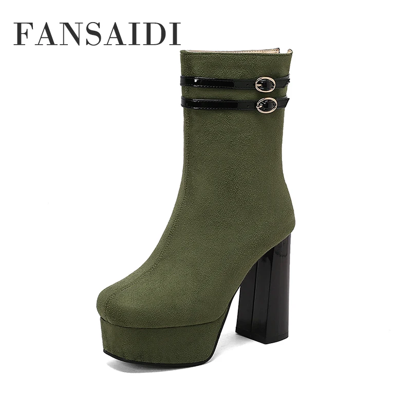 

FANSAIDI 2023 New Winter Fashion Waterproof Platform Round Toe Black Zipper Chunky Heels Ankle Boots Big Size 45 46 47 48 49 50